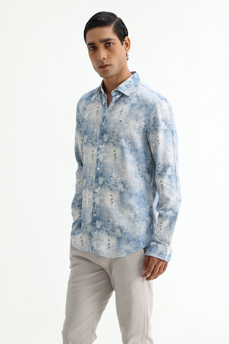 BASICS SLIM FIT BLUE FIN COTTON VISCOSE DIGITAL PRINTED SHIRT