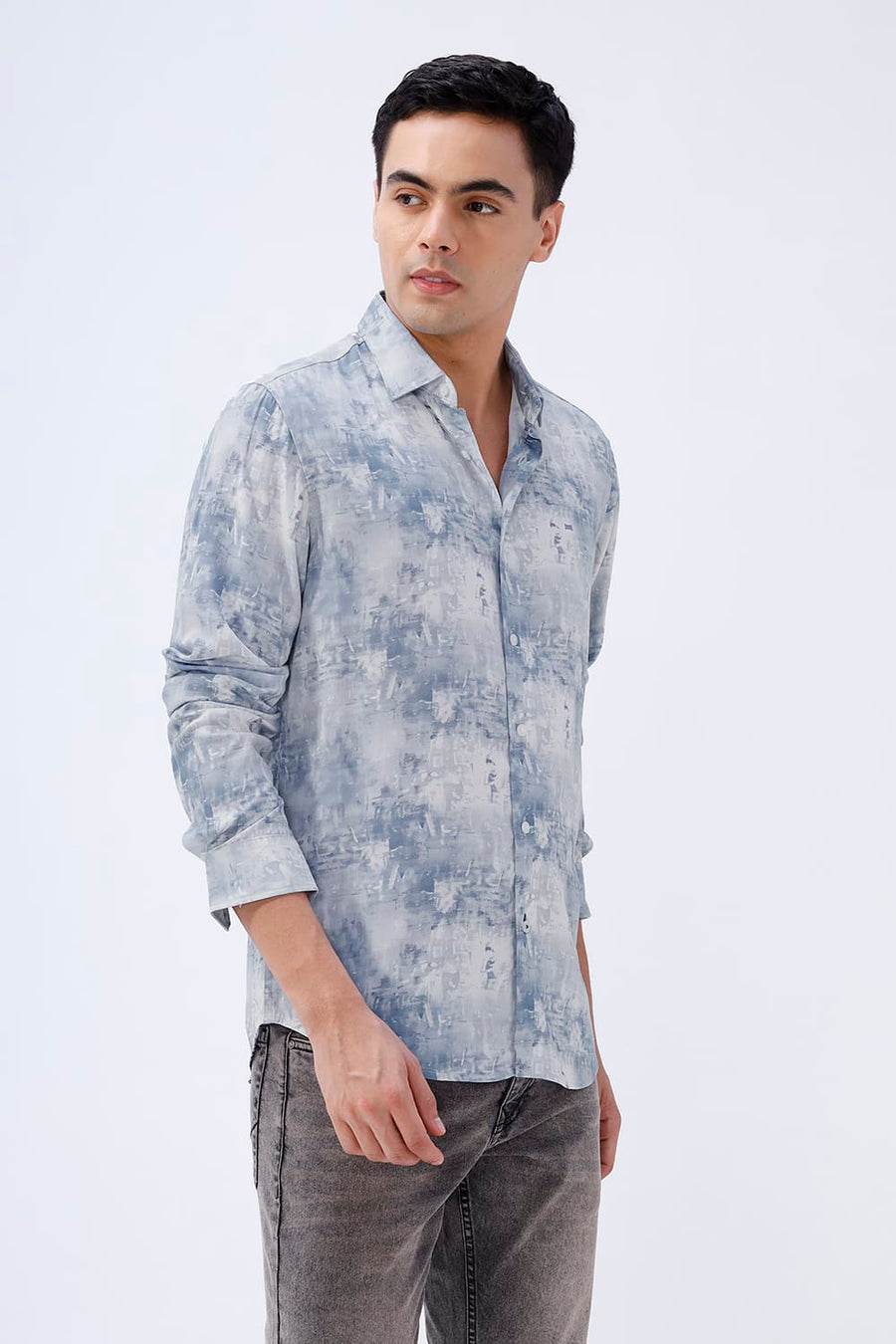 BASICS SLIM FIT BLUE FIN COTTON VISCOSE DIGITAL PRINTED SHIRT