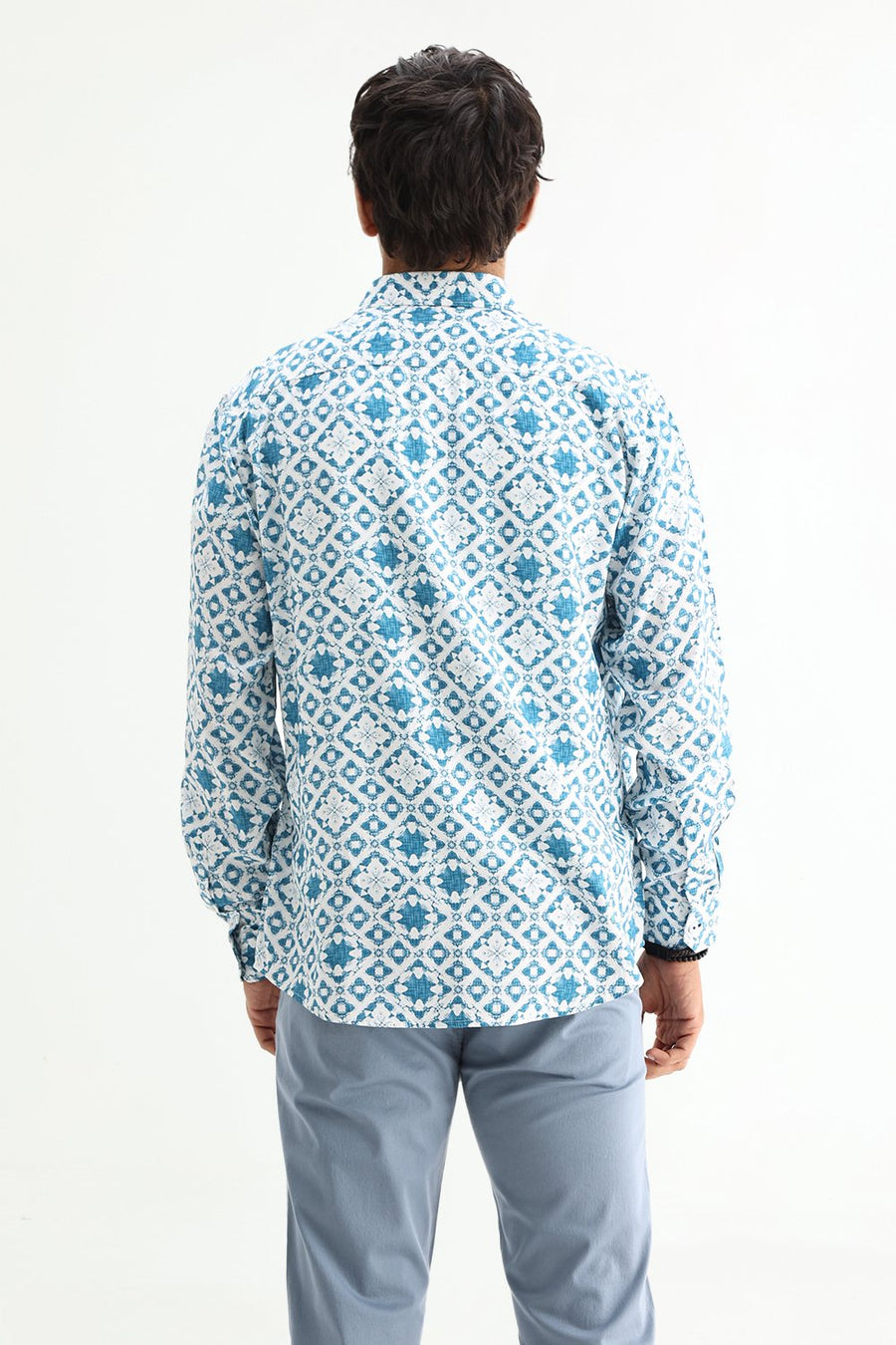 BASICS SLIM FIT CELESTIAL BLUE COTTON VISCOSE DIGITAL PRINTED SHIRT