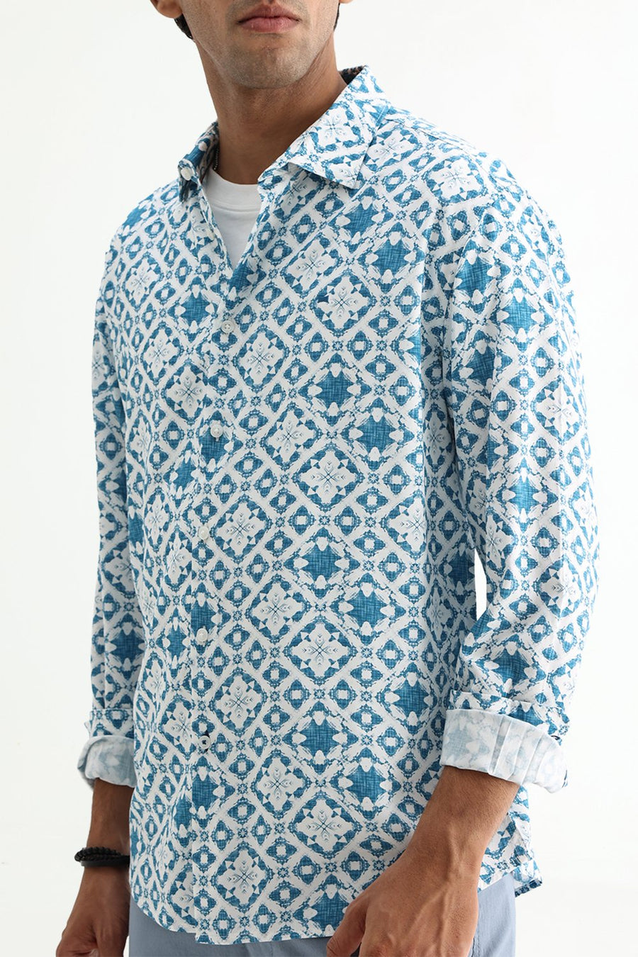 BASICS SLIM FIT CELESTIAL BLUE COTTON VISCOSE DIGITAL PRINTED SHIRT
