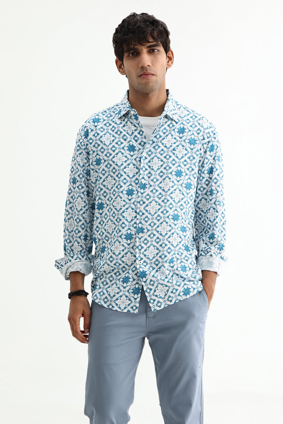 BASICS SLIM FIT CELESTIAL BLUE COTTON VISCOSE DIGITAL PRINTED SHIRT
