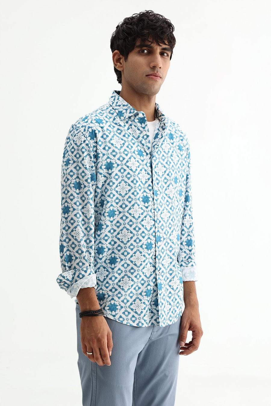BASICS SLIM FIT CELESTIAL BLUE COTTON VISCOSE DIGITAL PRINTED SHIRT
