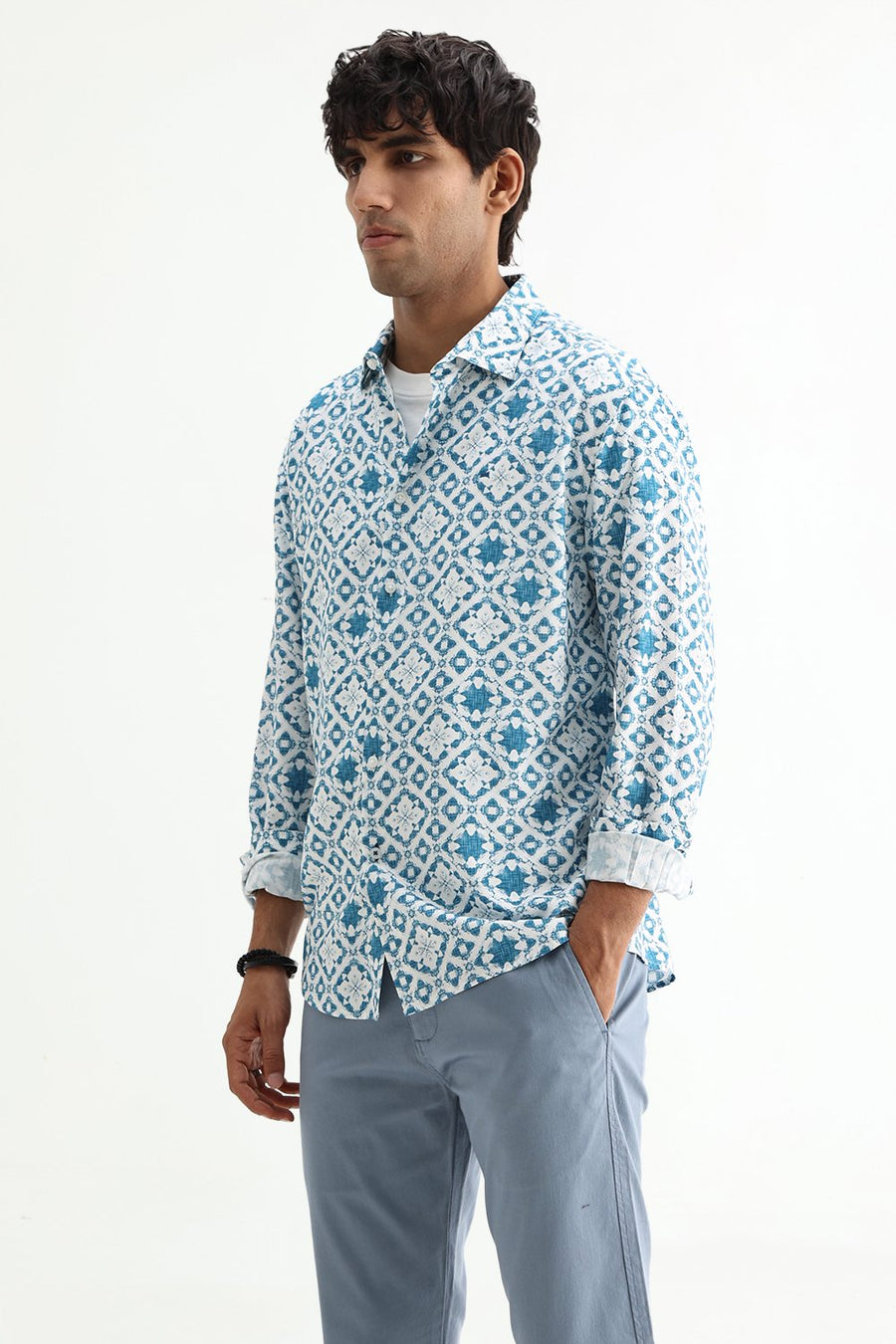 BASICS SLIM FIT CELESTIAL BLUE COTTON VISCOSE DIGITAL PRINTED SHIRT