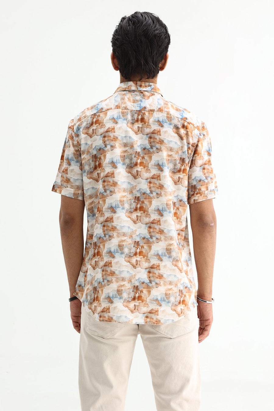 BASICS SLIM FIT COCONUT WHITE COTTON VISCOSE DIGITAL PRINTED SHIRT