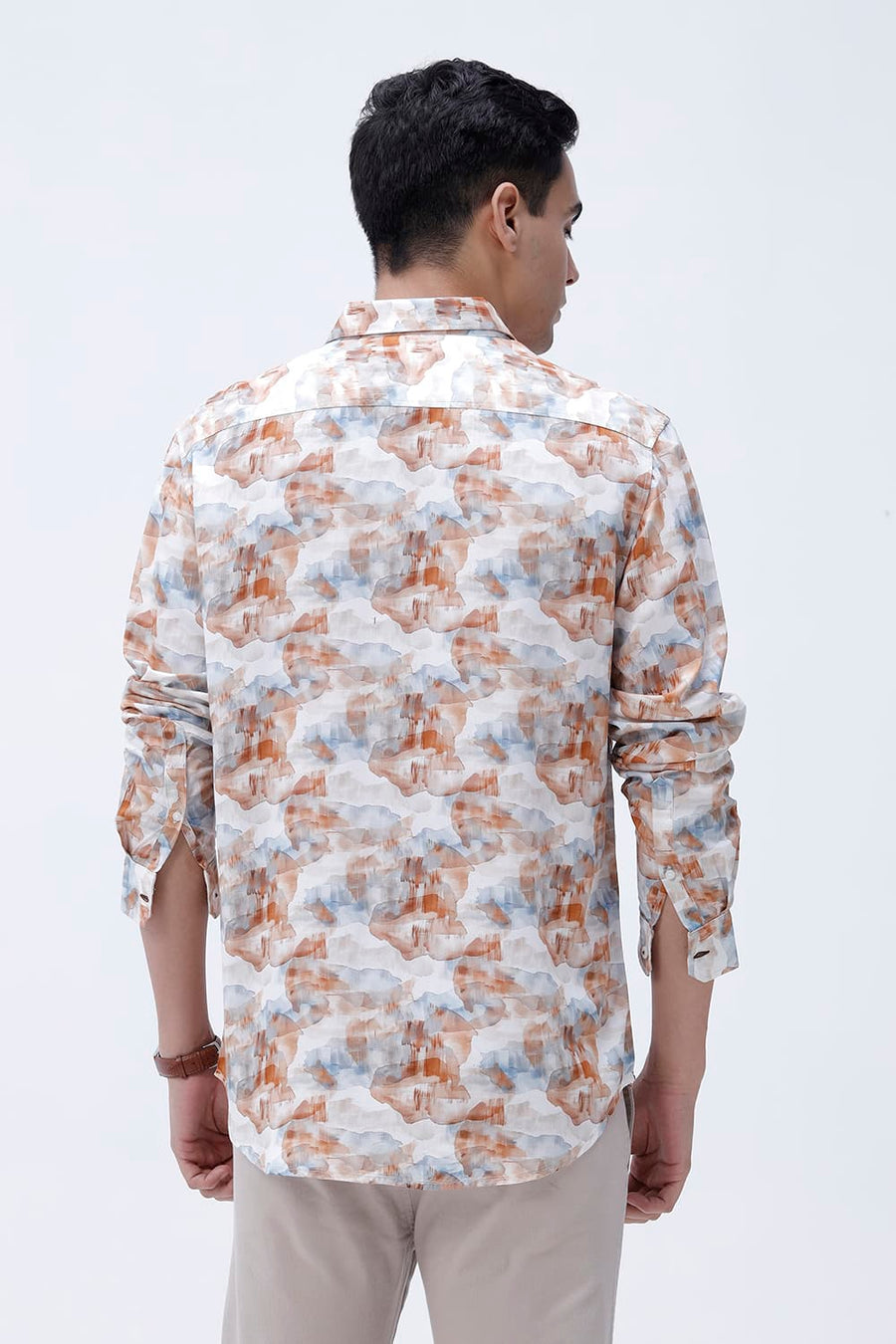 BASICS SLIM FIT COCONUT WHITE COTTON VISCOSE DIGITAL PRINTED SHIRT