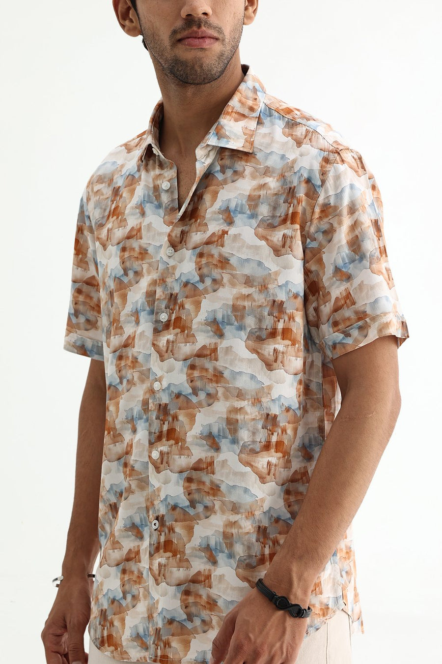BASICS SLIM FIT COCONUT WHITE COTTON VISCOSE DIGITAL PRINTED SHIRT