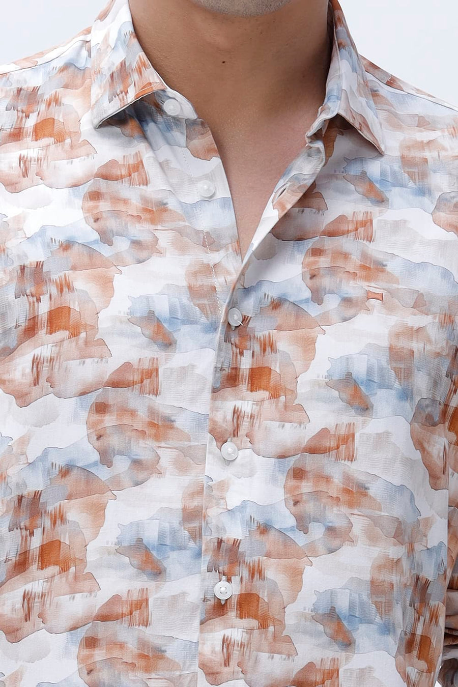 BASICS SLIM FIT COCONUT WHITE COTTON VISCOSE DIGITAL PRINTED SHIRT