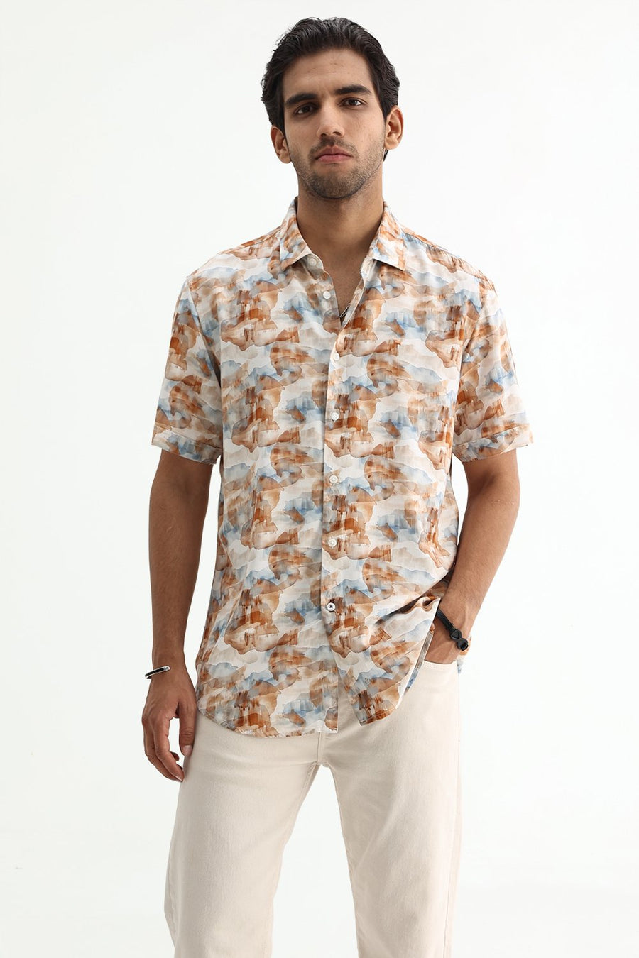 BASICS SLIM FIT COCONUT WHITE COTTON VISCOSE DIGITAL PRINTED SHIRT