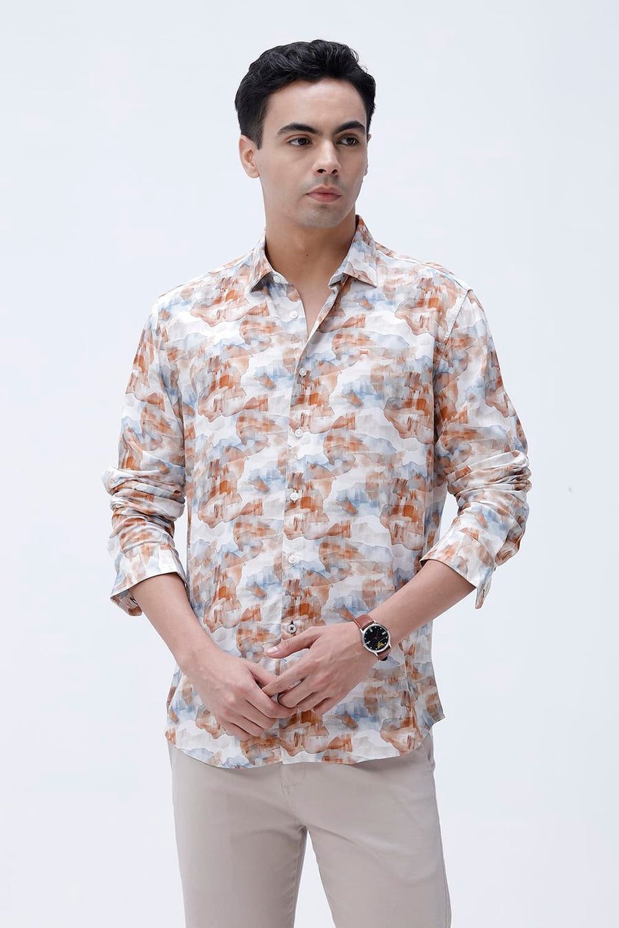BASICS SLIM FIT COCONUT WHITE COTTON VISCOSE DIGITAL PRINTED SHIRT