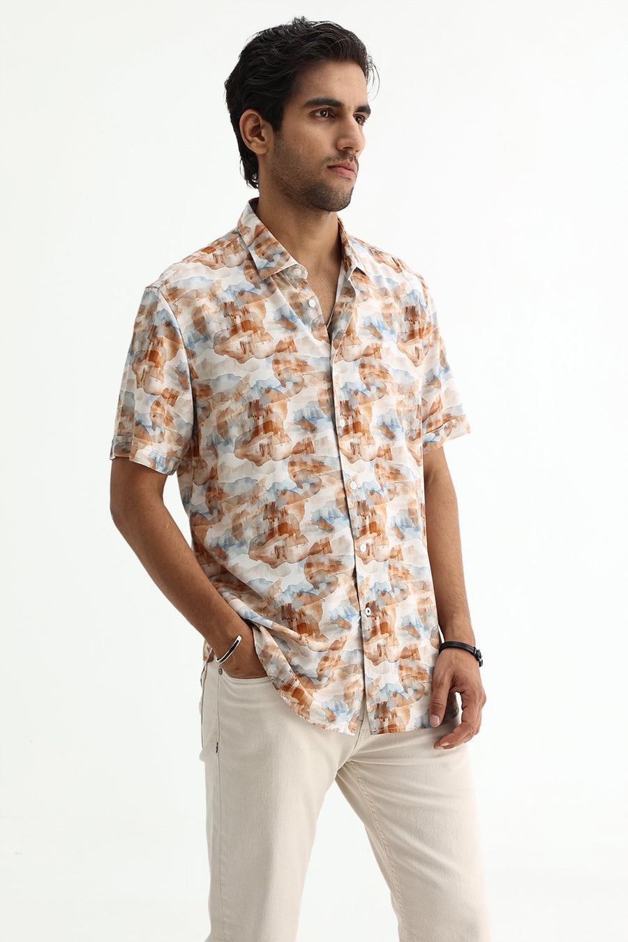 BASICS SLIM FIT COCONUT WHITE COTTON VISCOSE DIGITAL PRINTED SHIRT
