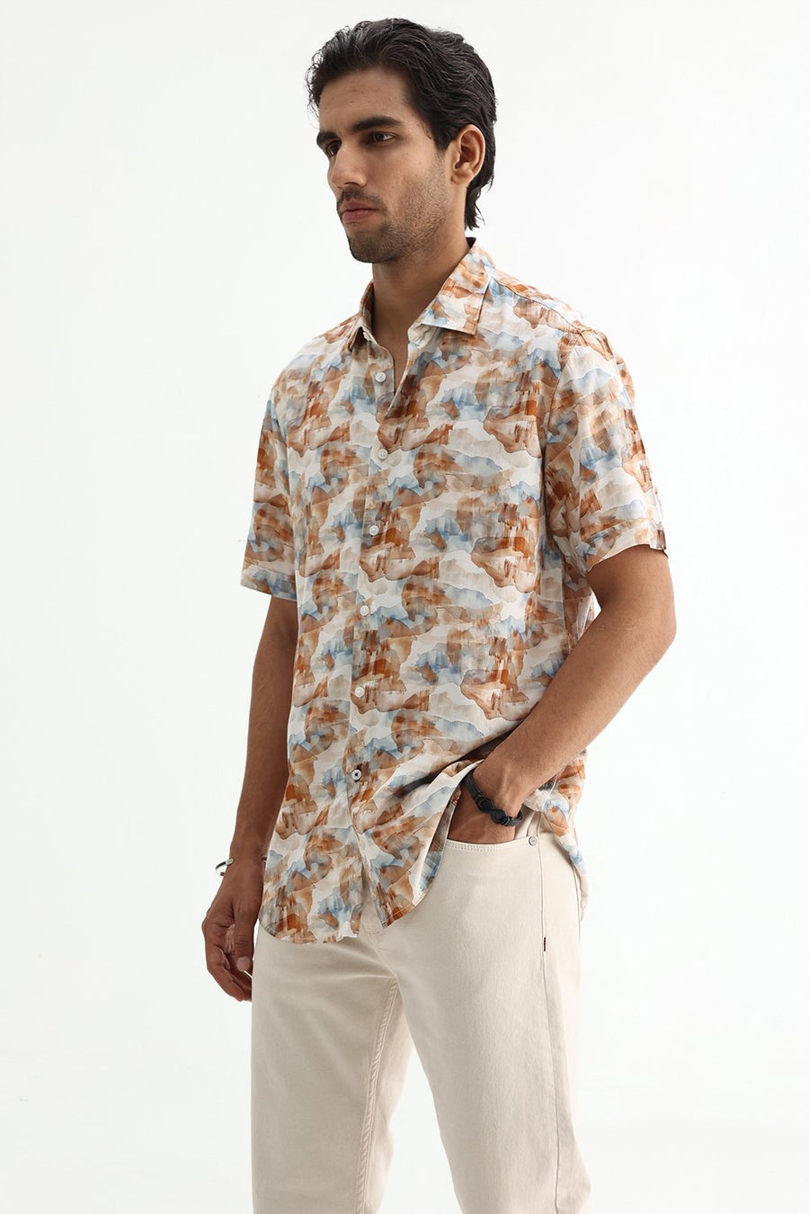 BASICS SLIM FIT COCONUT WHITE COTTON VISCOSE DIGITAL PRINTED SHIRT