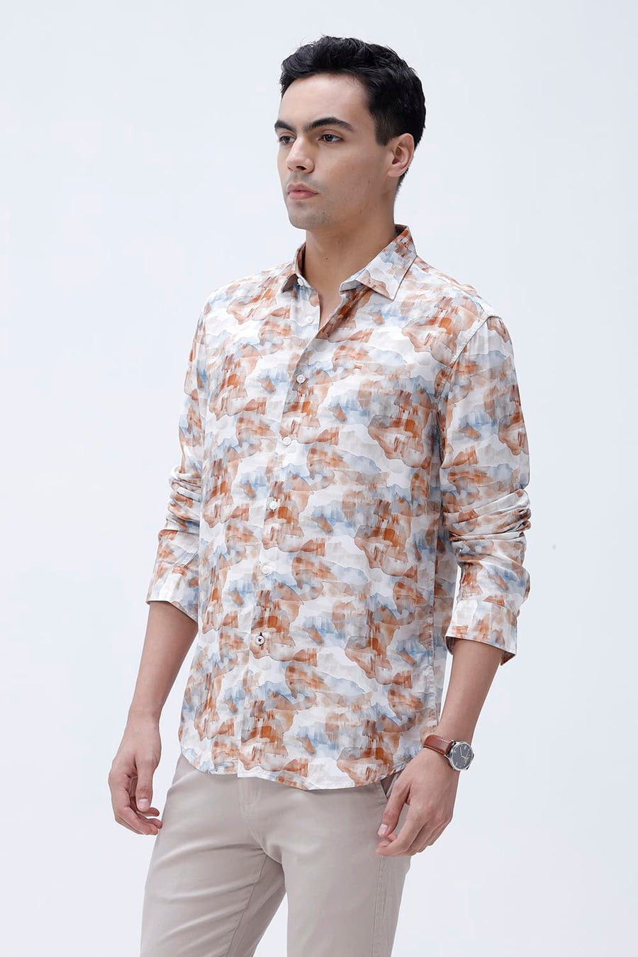 BASICS SLIM FIT COCONUT WHITE COTTON VISCOSE DIGITAL PRINTED SHIRT