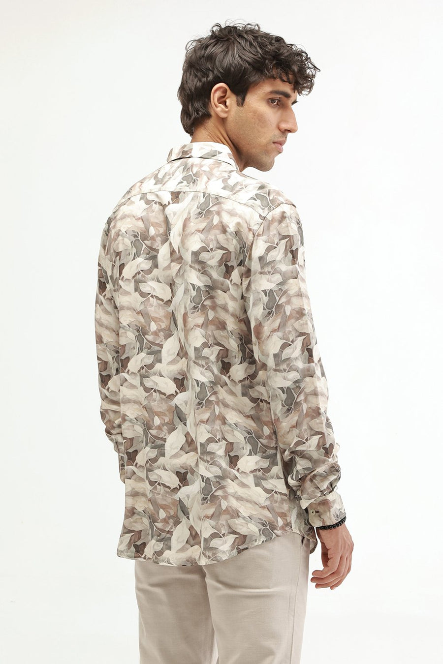BASICS SLIM FIT OLIVE TINT COTTON VISCOSE DIGITAL PRINTED SHIRT