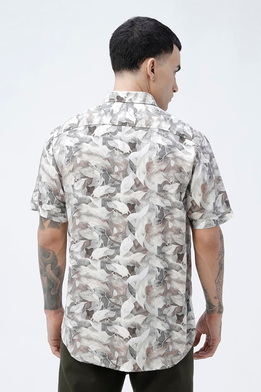 BASICS SLIM FIT OLIVE TINT COTTON VISCOSE DIGITAL PRINTED HALFSLEEVES SHIRT