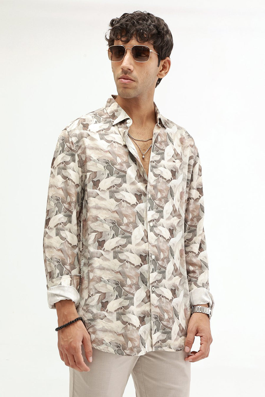 BASICS SLIM FIT OLIVE TINT COTTON VISCOSE DIGITAL PRINTED SHIRT