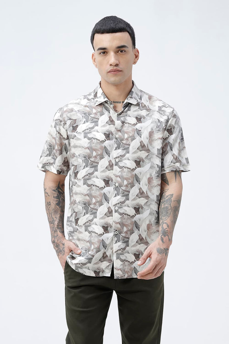 BASICS SLIM FIT OLIVE TINT COTTON VISCOSE DIGITAL PRINTED HALFSLEEVES SHIRT