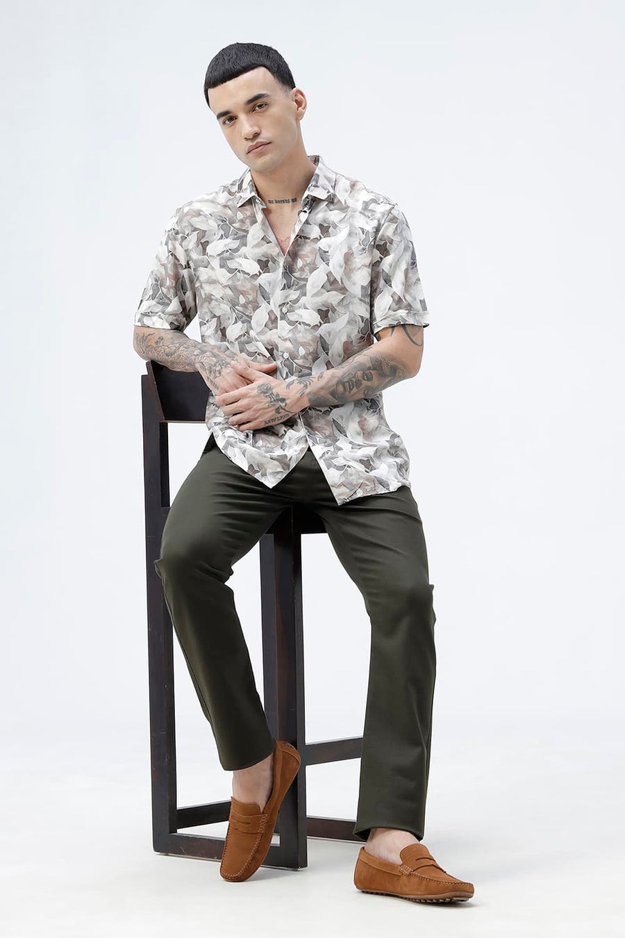 BASICS SLIM FIT OLIVE TINT COTTON VISCOSE DIGITAL PRINTED HALFSLEEVES SHIRT