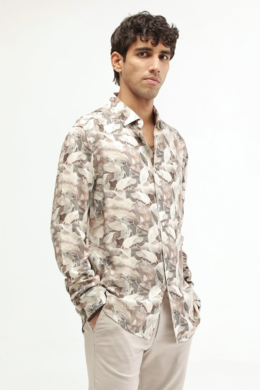 BASICS SLIM FIT OLIVE TINT COTTON VISCOSE DIGITAL PRINTED SHIRT
