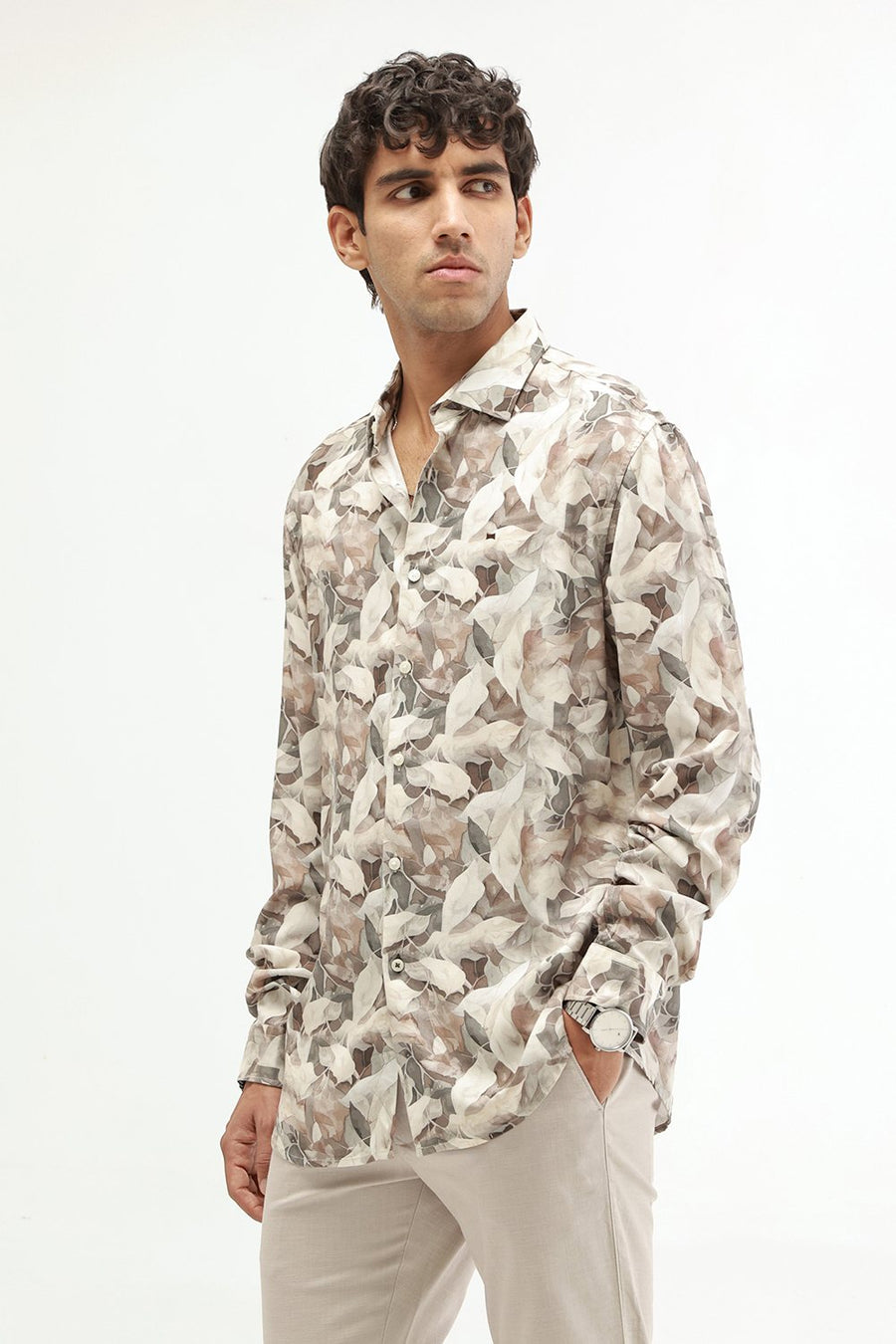 BASICS SLIM FIT OLIVE TINT COTTON VISCOSE DIGITAL PRINTED SHIRT