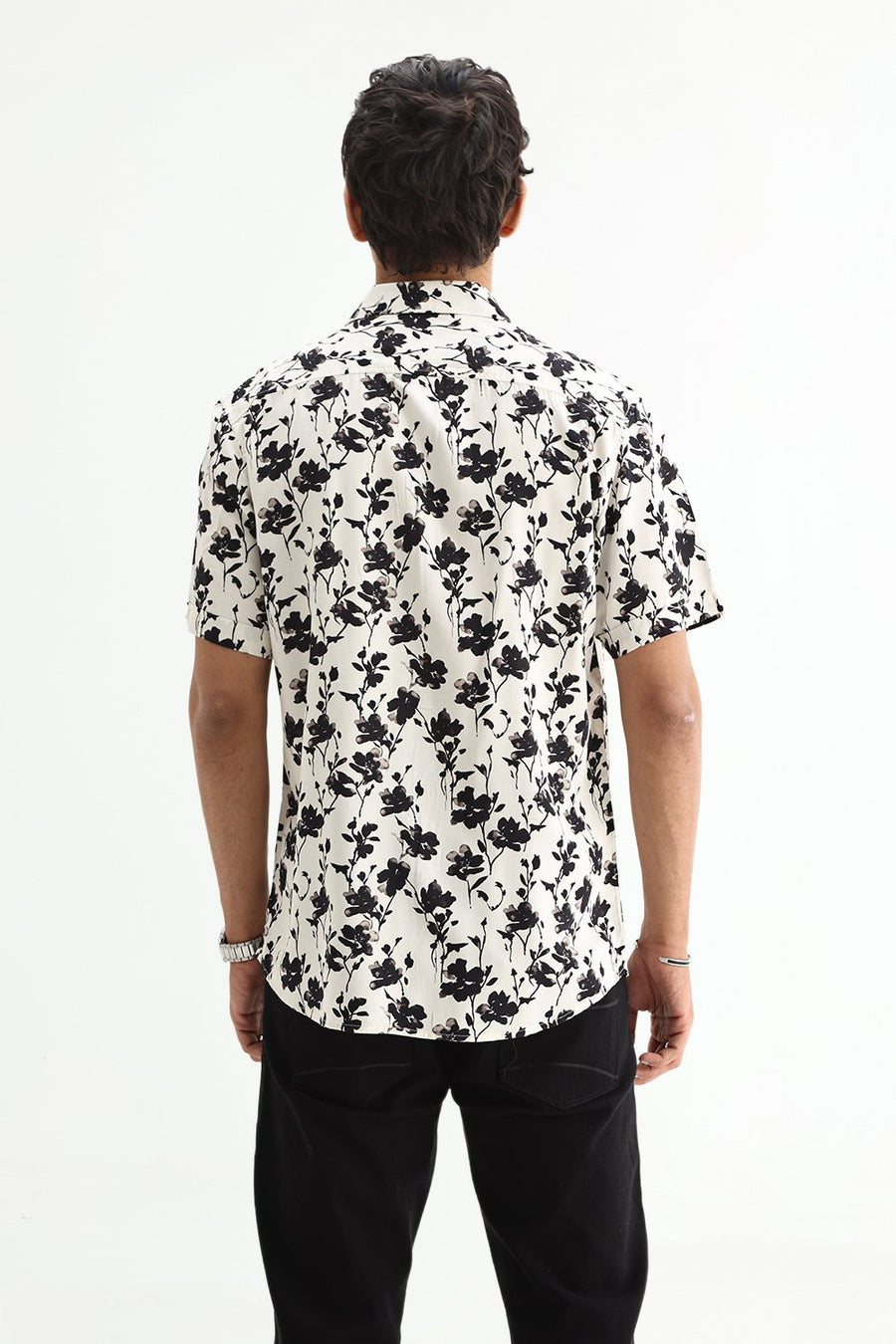 BASICS SLIM FIT BRILLIANT WHITE COTTON VISCOSE DIGITAL PRINTED SHIRT