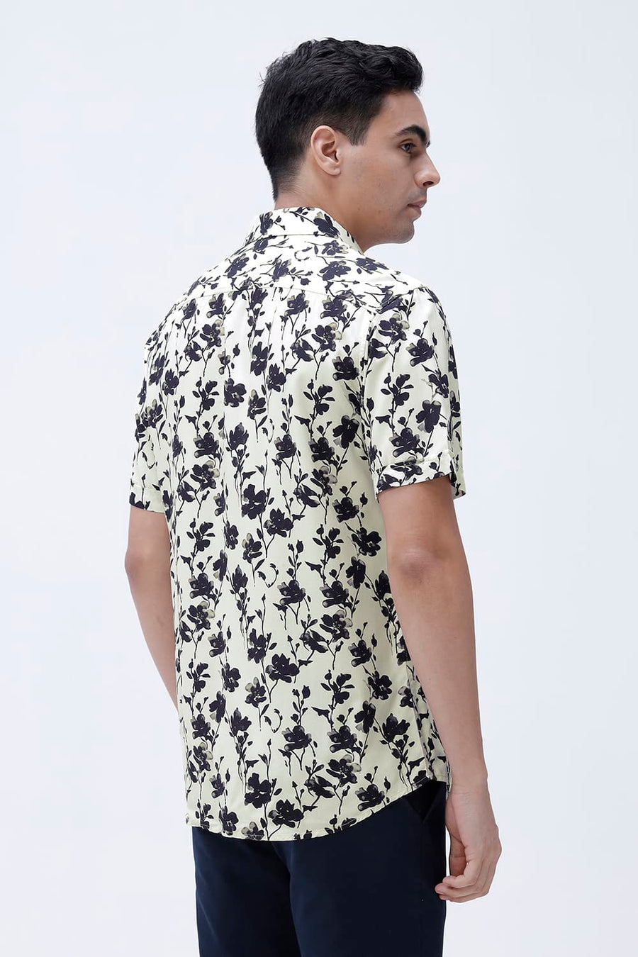 BASICS SLIM FIT BRILLIANT WHITE COTTON VISCOSE DIGITAL PRINTED HALFSLEEVES SHIRT