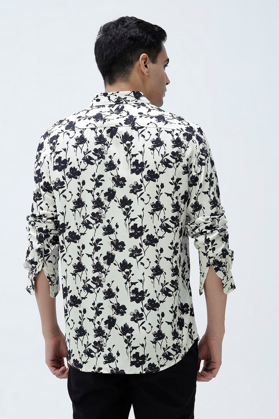 BASICS SLIM FIT BRILLIANT WHITE COTTON VISCOSE DIGITAL PRINTED SHIRT