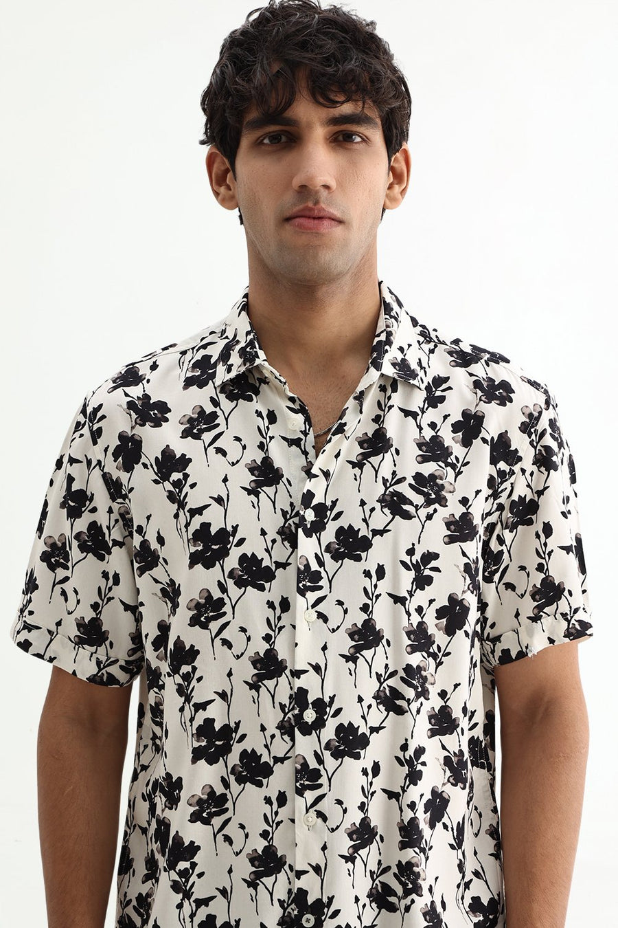 BASICS SLIM FIT BRILLIANT WHITE COTTON VISCOSE DIGITAL PRINTED SHIRT