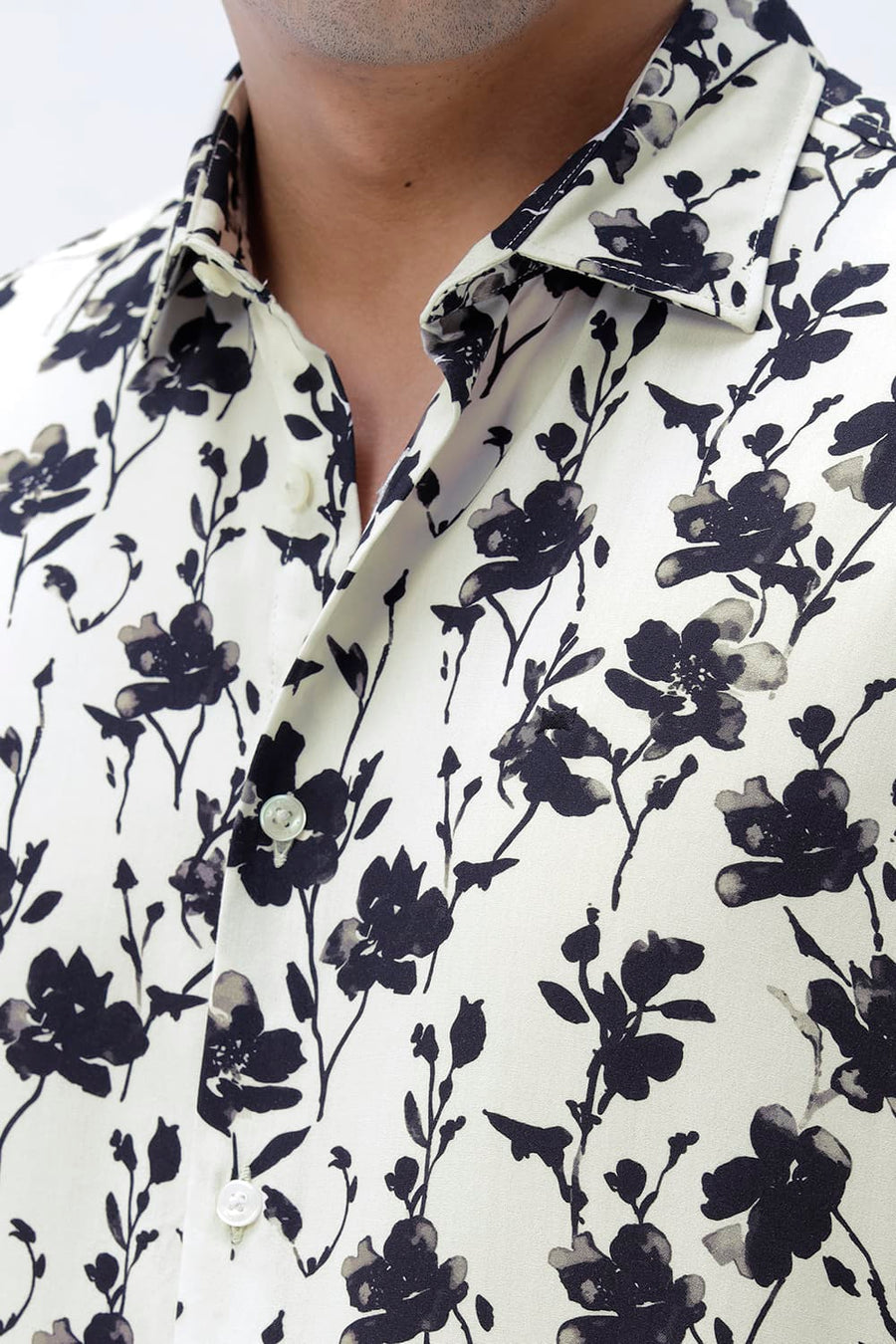 BASICS SLIM FIT BRILLIANT WHITE COTTON VISCOSE DIGITAL PRINTED HALFSLEEVES SHIRT