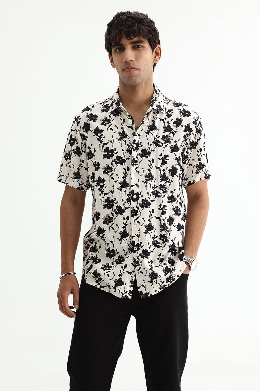BASICS SLIM FIT BRILLIANT WHITE COTTON VISCOSE DIGITAL PRINTED SHIRT