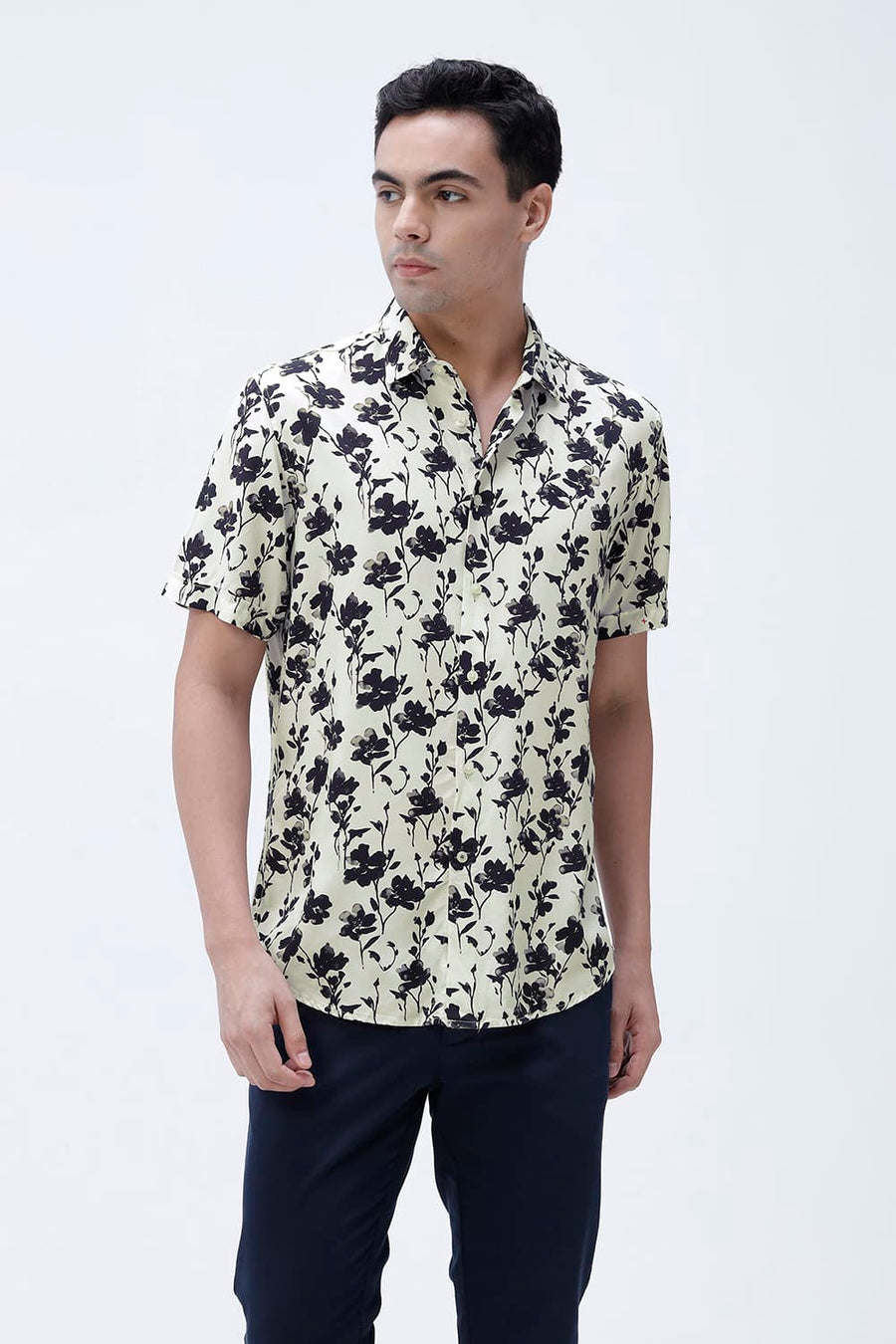 BASICS SLIM FIT BRILLIANT WHITE COTTON VISCOSE DIGITAL PRINTED HALFSLEEVES SHIRT
