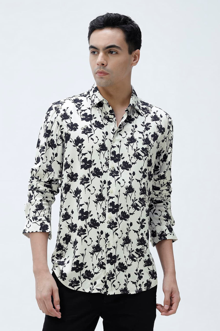 BASICS SLIM FIT BRILLIANT WHITE COTTON VISCOSE DIGITAL PRINTED SHIRT
