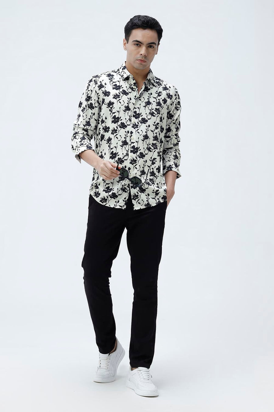 BASICS SLIM FIT BRILLIANT WHITE COTTON VISCOSE DIGITAL PRINTED SHIRT
