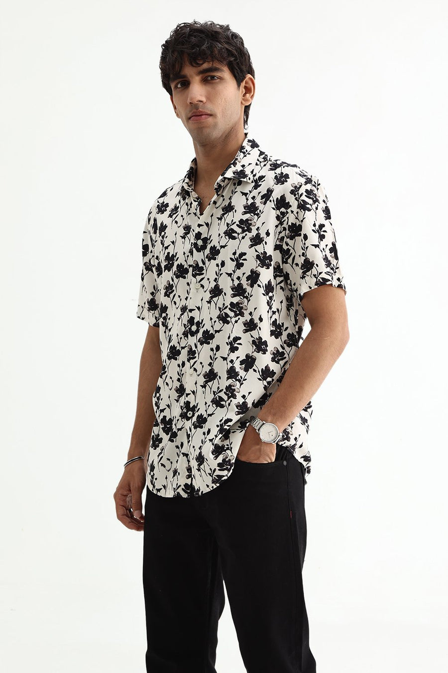 BASICS SLIM FIT BRILLIANT WHITE COTTON VISCOSE DIGITAL PRINTED SHIRT
