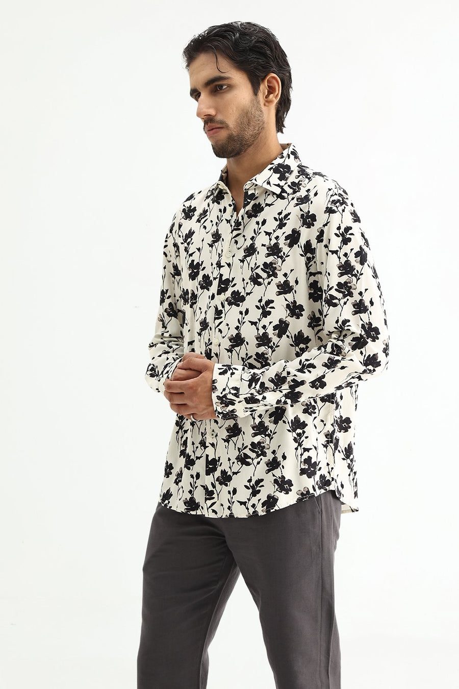 BASICS SLIM FIT BRILLIANT WHITE COTTON VISCOSE DIGITAL PRINTED SHIRT