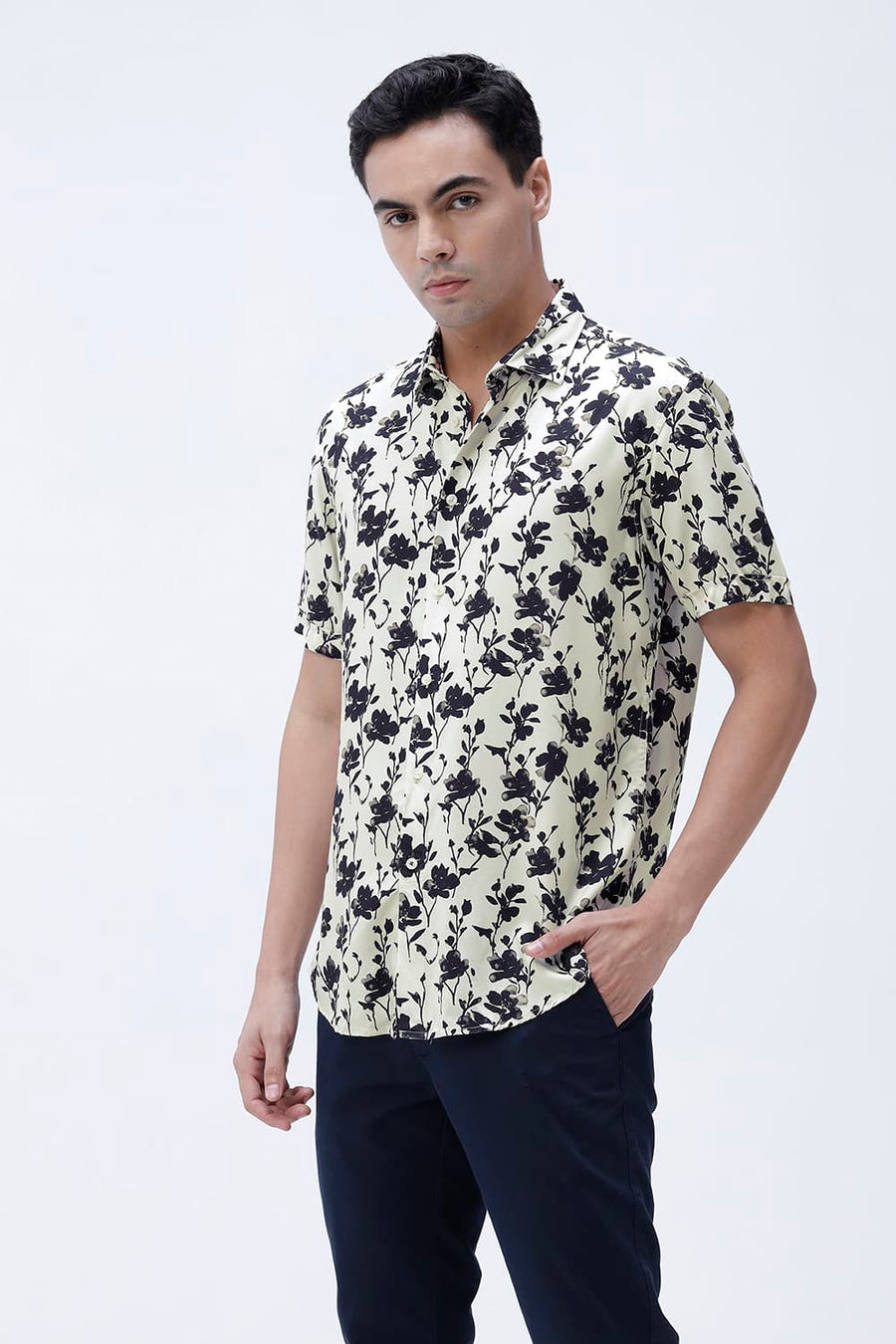 BASICS SLIM FIT BRILLIANT WHITE COTTON VISCOSE DIGITAL PRINTED HALFSLEEVES SHIRT