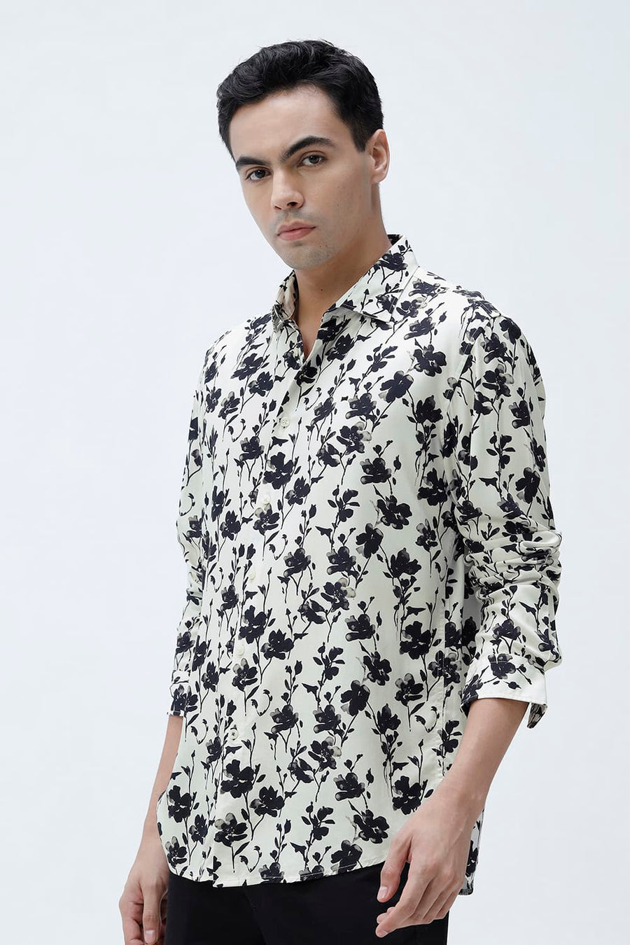 BASICS SLIM FIT BRILLIANT WHITE COTTON VISCOSE DIGITAL PRINTED SHIRT