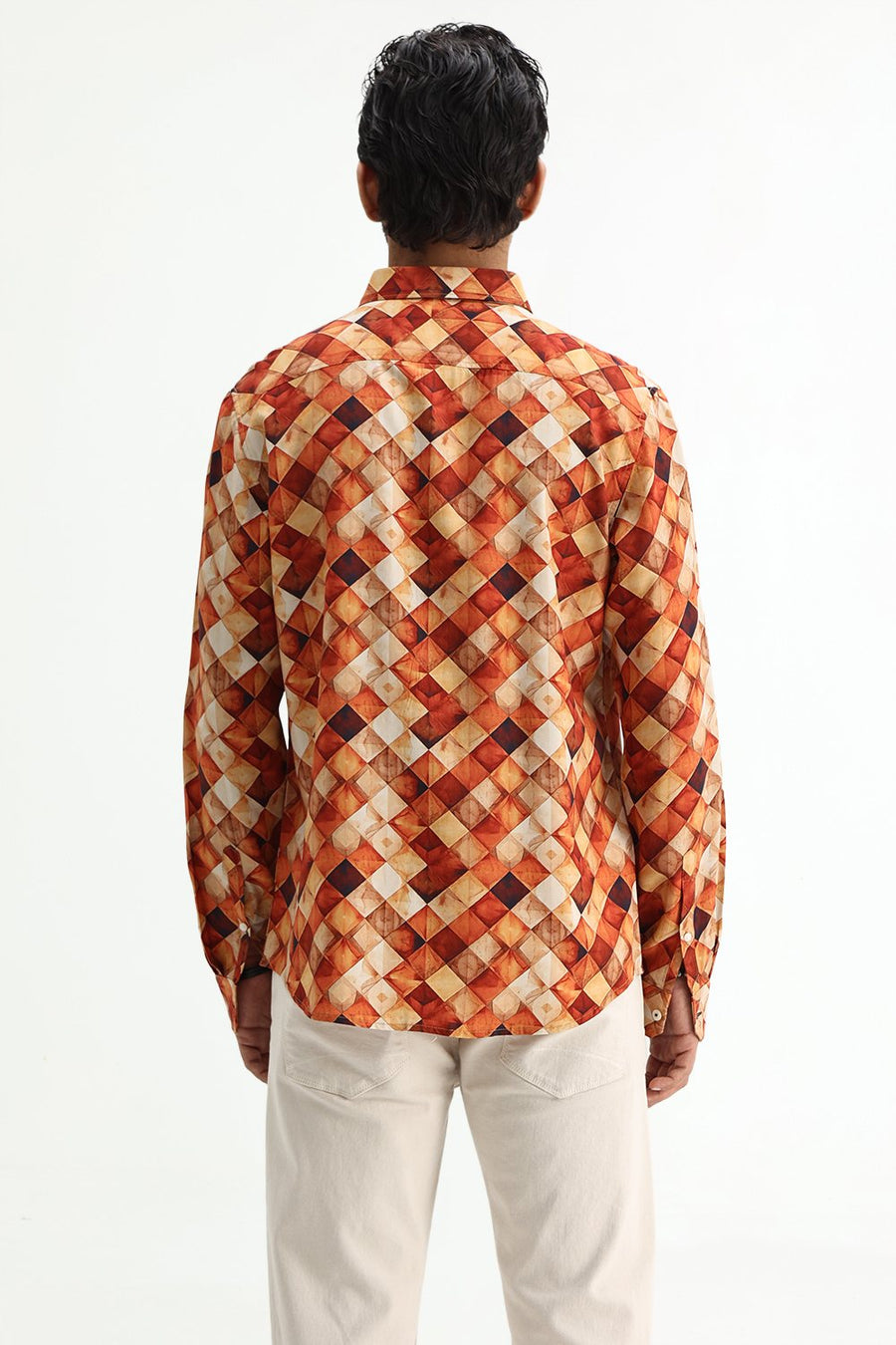 BASICS SLIM FIT BURNT BRICK COTTON VISCOSE DIGITAL PRINTED SHIRT