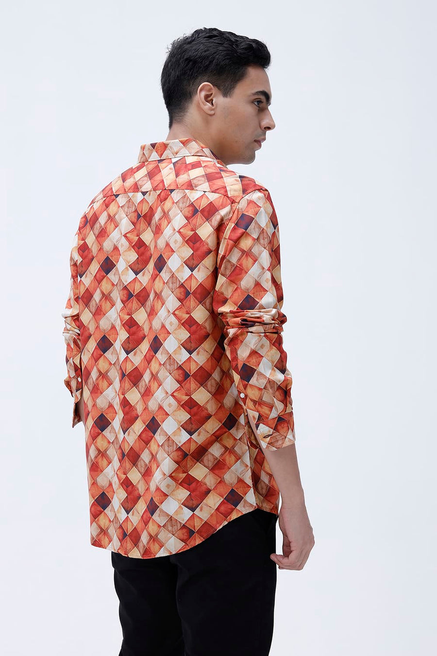 BASICS SLIM FIT BURNT BRICK COTTON VISCOSE DIGITAL PRINTED SHIRT