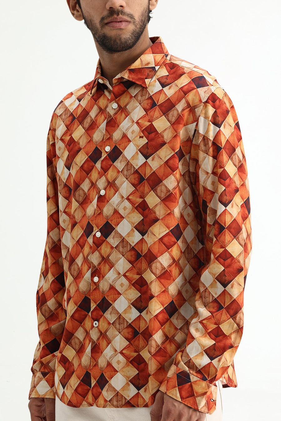 BASICS SLIM FIT BURNT BRICK COTTON VISCOSE DIGITAL PRINTED SHIRT