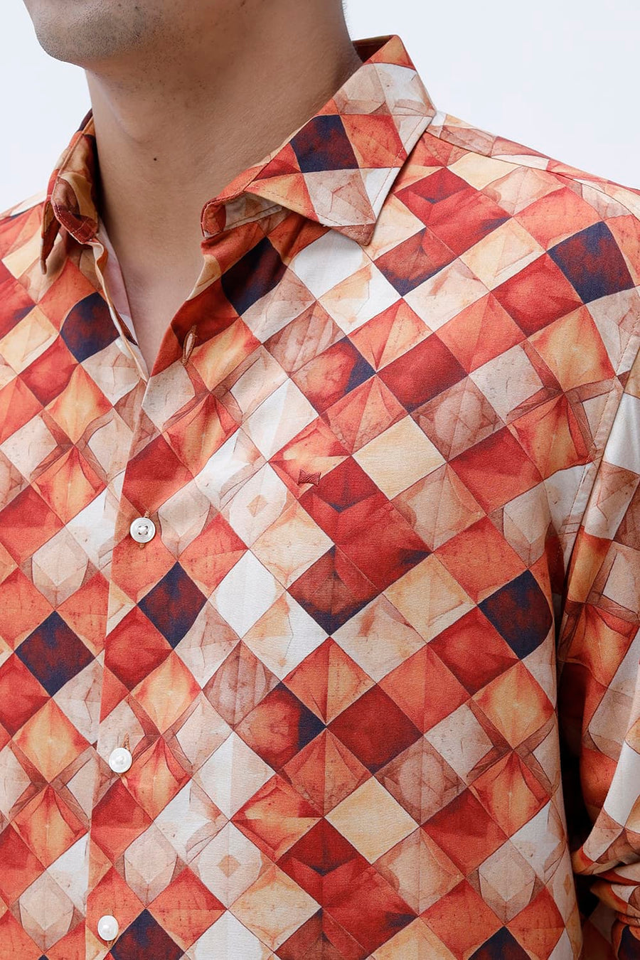 BASICS SLIM FIT BURNT BRICK COTTON VISCOSE DIGITAL PRINTED SHIRT