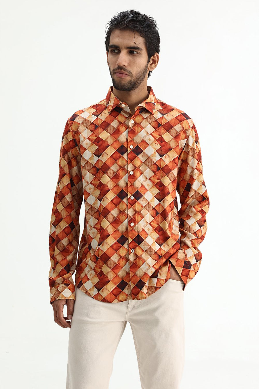 BASICS SLIM FIT BURNT BRICK COTTON VISCOSE DIGITAL PRINTED SHIRT