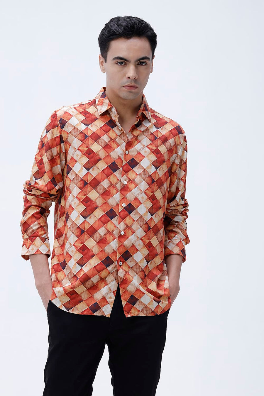 BASICS SLIM FIT BURNT BRICK COTTON VISCOSE DIGITAL PRINTED SHIRT