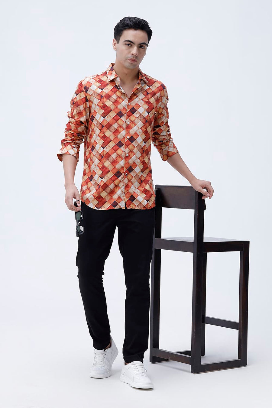 BASICS SLIM FIT BURNT BRICK COTTON VISCOSE DIGITAL PRINTED SHIRT