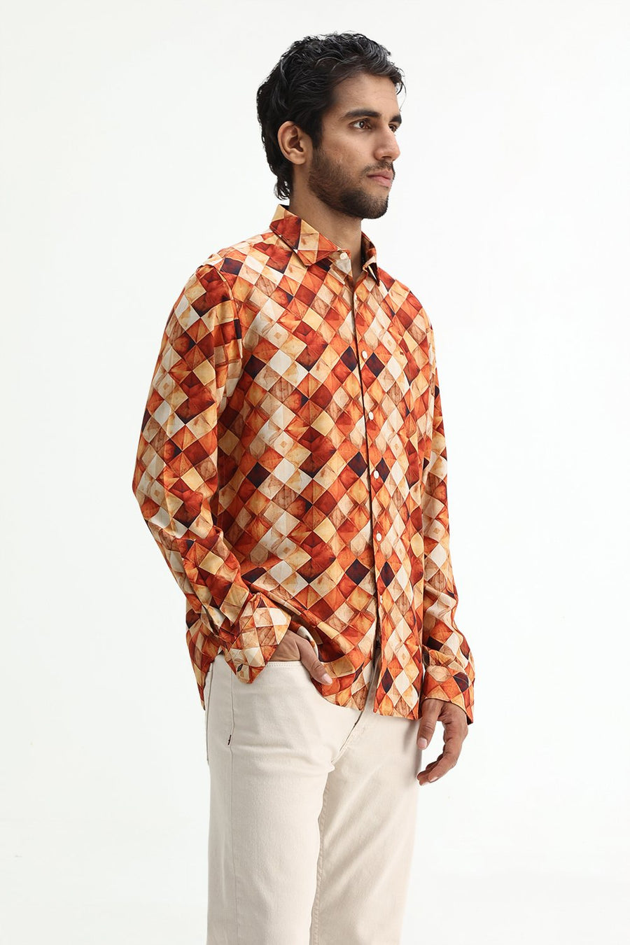 BASICS SLIM FIT BURNT BRICK COTTON VISCOSE DIGITAL PRINTED SHIRT