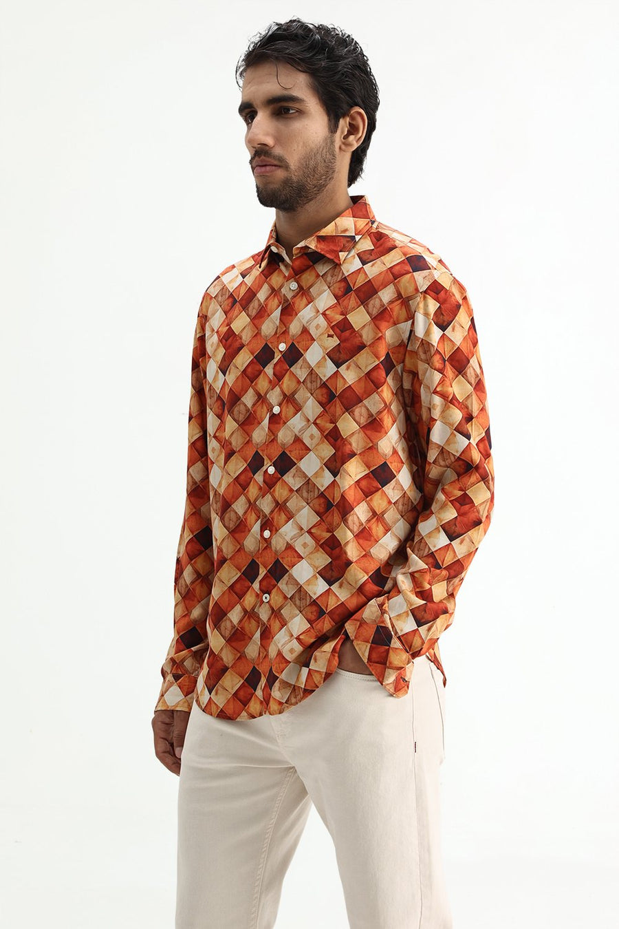BASICS SLIM FIT BURNT BRICK COTTON VISCOSE DIGITAL PRINTED SHIRT
