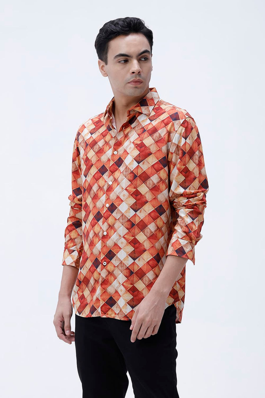 BASICS SLIM FIT BURNT BRICK COTTON VISCOSE DIGITAL PRINTED SHIRT