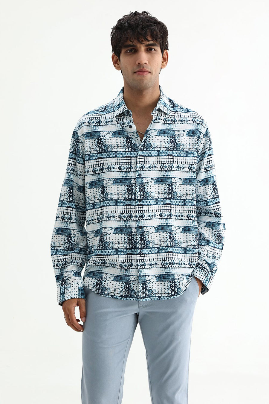 BASICS SLIM FIT MOONLIT OCEAN COTTON VISCOSE DIGITAL PRINTED SHIRT
