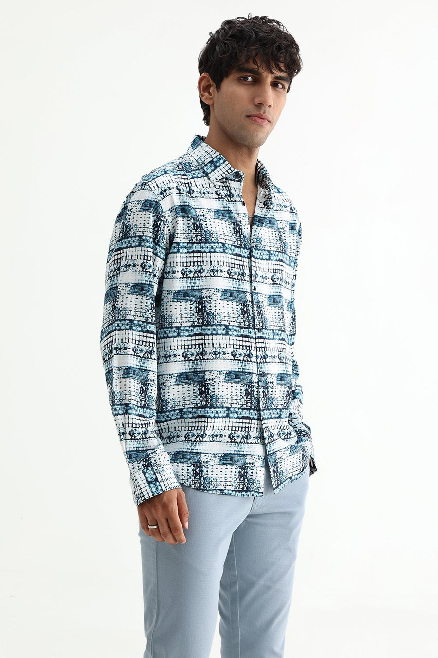 BASICS SLIM FIT MOONLIT OCEAN COTTON VISCOSE DIGITAL PRINTED SHIRT