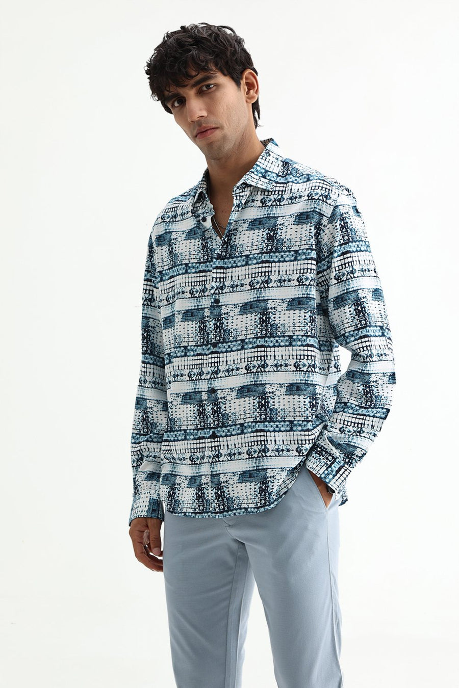 BASICS SLIM FIT MOONLIT OCEAN COTTON VISCOSE DIGITAL PRINTED SHIRT