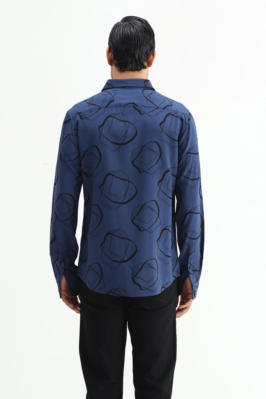 BASICS SLIM FIT TRUE NAVY COTTON VISCOSE PRINTED SHIRT